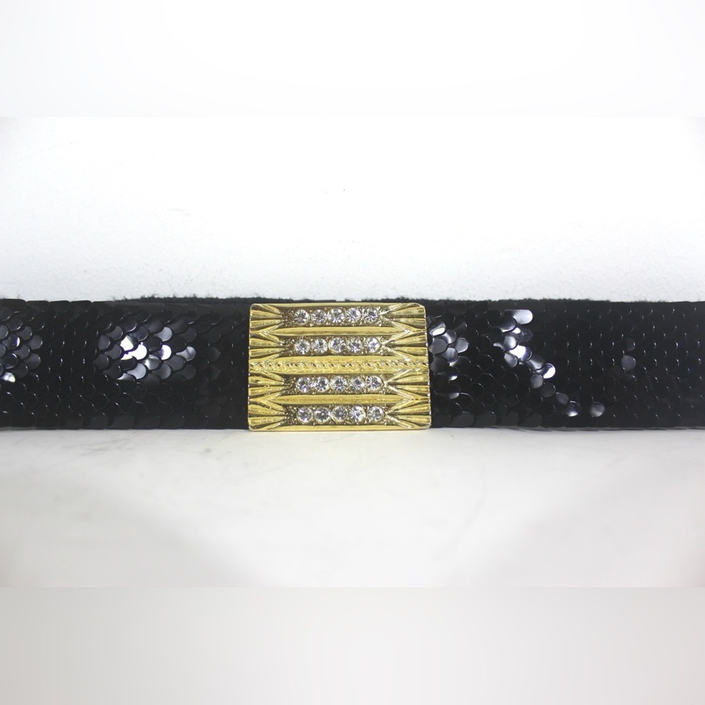 1980’s 28” Plus Shiny Black Fish scale Stretch Belt with a Gold and Rhinestone